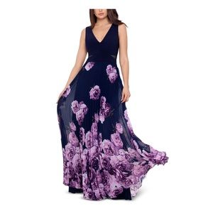 Evening gown. X by Xscape. Size 4. Navy blue with purple flowers